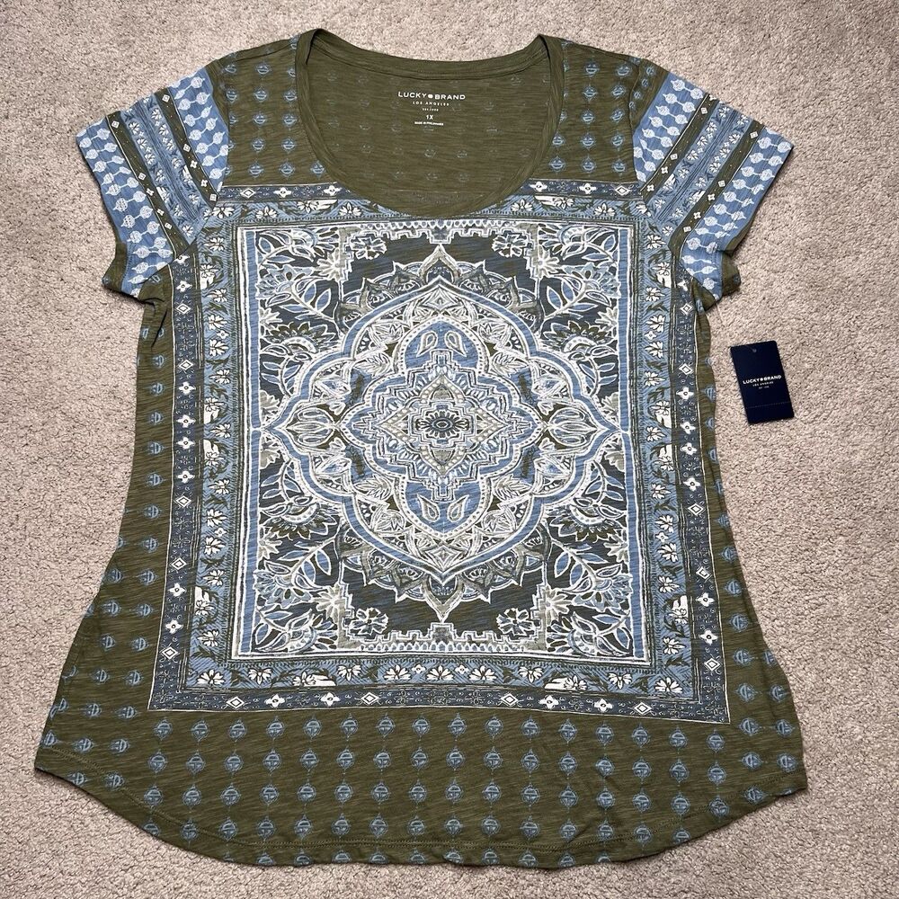 NWT Lucky Brand T Shirt Womens 1X Plus Green Boho Medallion Short Sleeve Tee